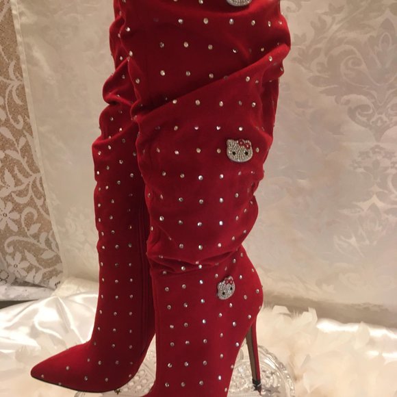 COPY - GORGEOUS cherry red y2k velvet boots covered in crystals and hello kitty… - Picture 6 of 9